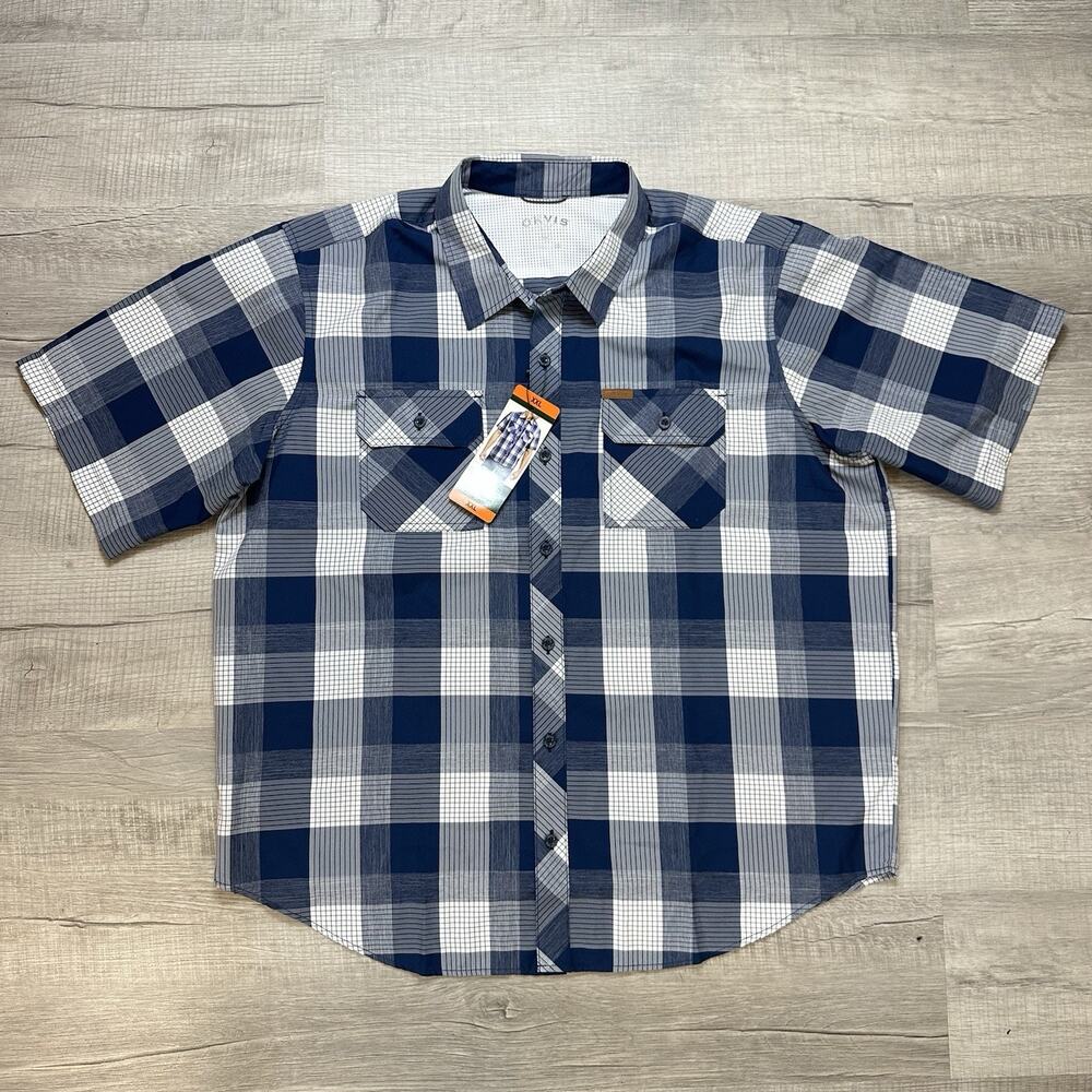 Orvis Mens XXL Blue Plaid Short Sleeve Tech Shirt Quick Dry UPF 20+ Fishing NEW